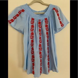 Liz Claiborne lightweight blouse, size M, red embroidery on light blue cotton